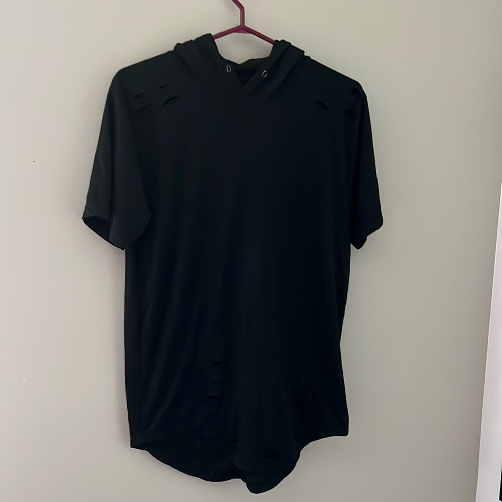 Soulstar Black Label Distressed Short Sleeve Hooded T Shirt Size Small
